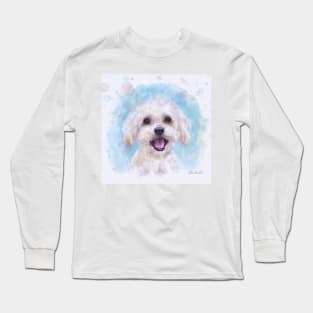 Watercolor Portrait of a Maltese Dog in Light Blue Background Long Sleeve T-Shirt